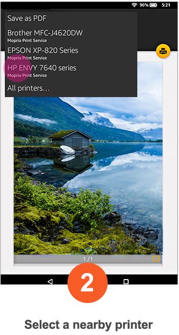 Example of how to Select a Nearby Printer on an Amazon device.